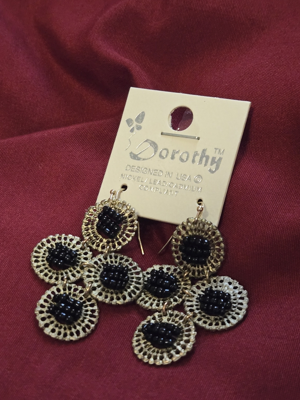 Dorothy Gold and Black Beaded Cluster Dangle Earrings